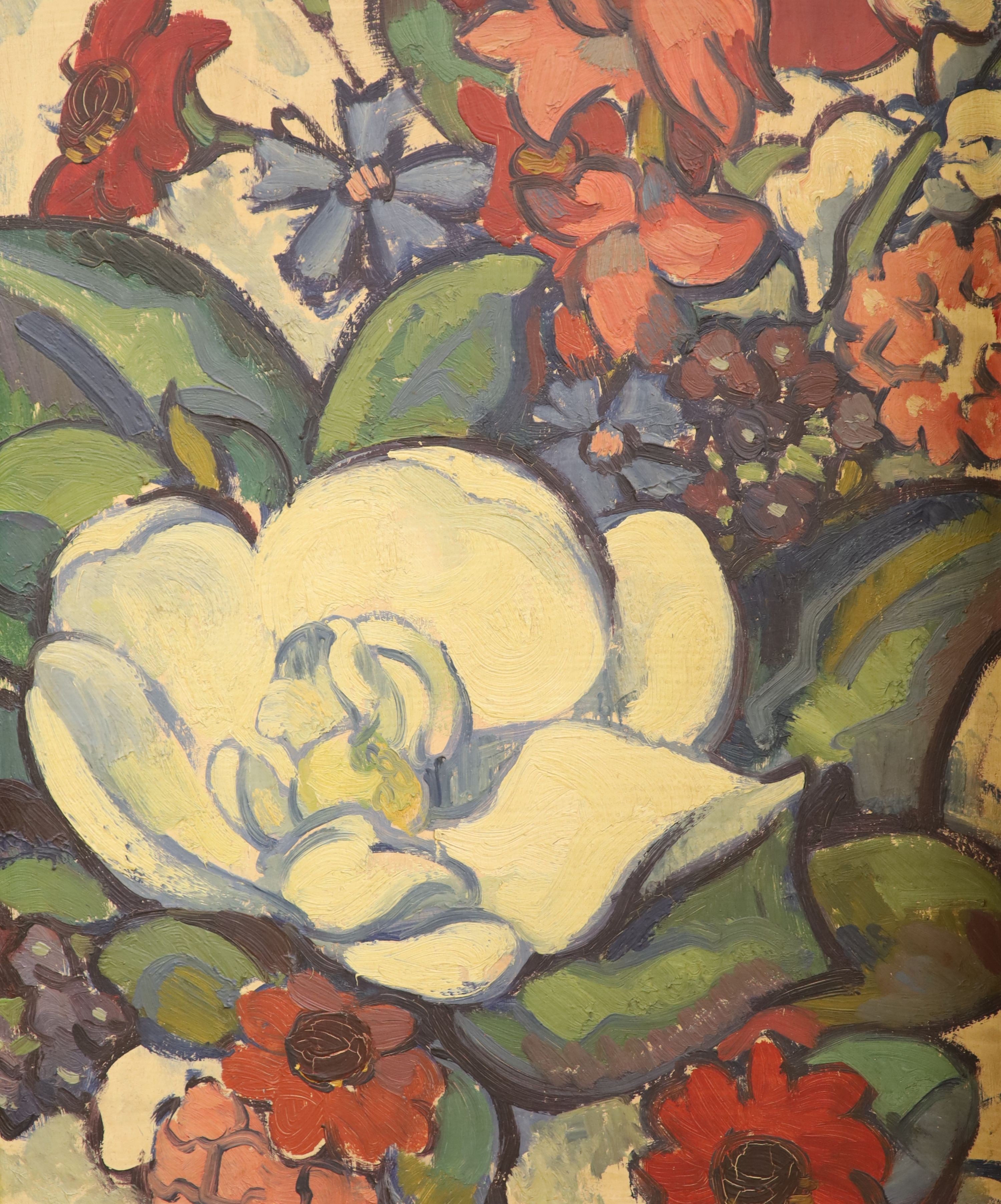 Modern British, oil on board, Study of flowers, 40 x 32cm and an unframed clin d'oeil still life, 51 x 41cm